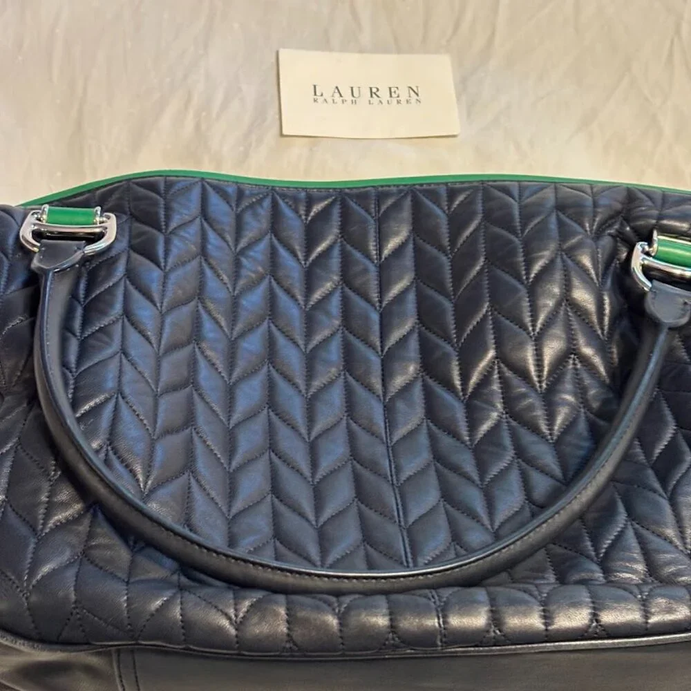 RALPH LAUREN Navy/Green Quilted Leather Bag with Dust Bag - Excellent Condition - Picture 3 of 16